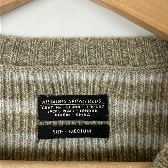 All Saints Beige Striped Men's Lambswool Sweater Size Medium - Picture 3 of 7